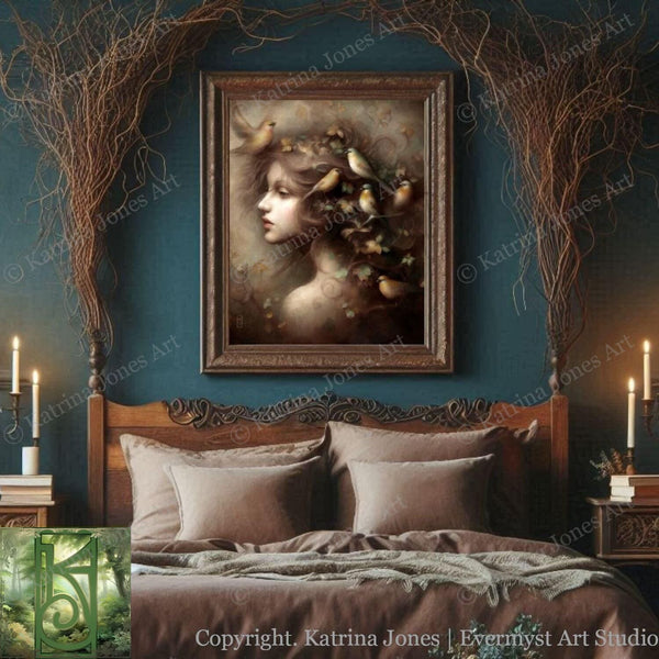 a painting of a woman&#39;s head on a wall above a bed