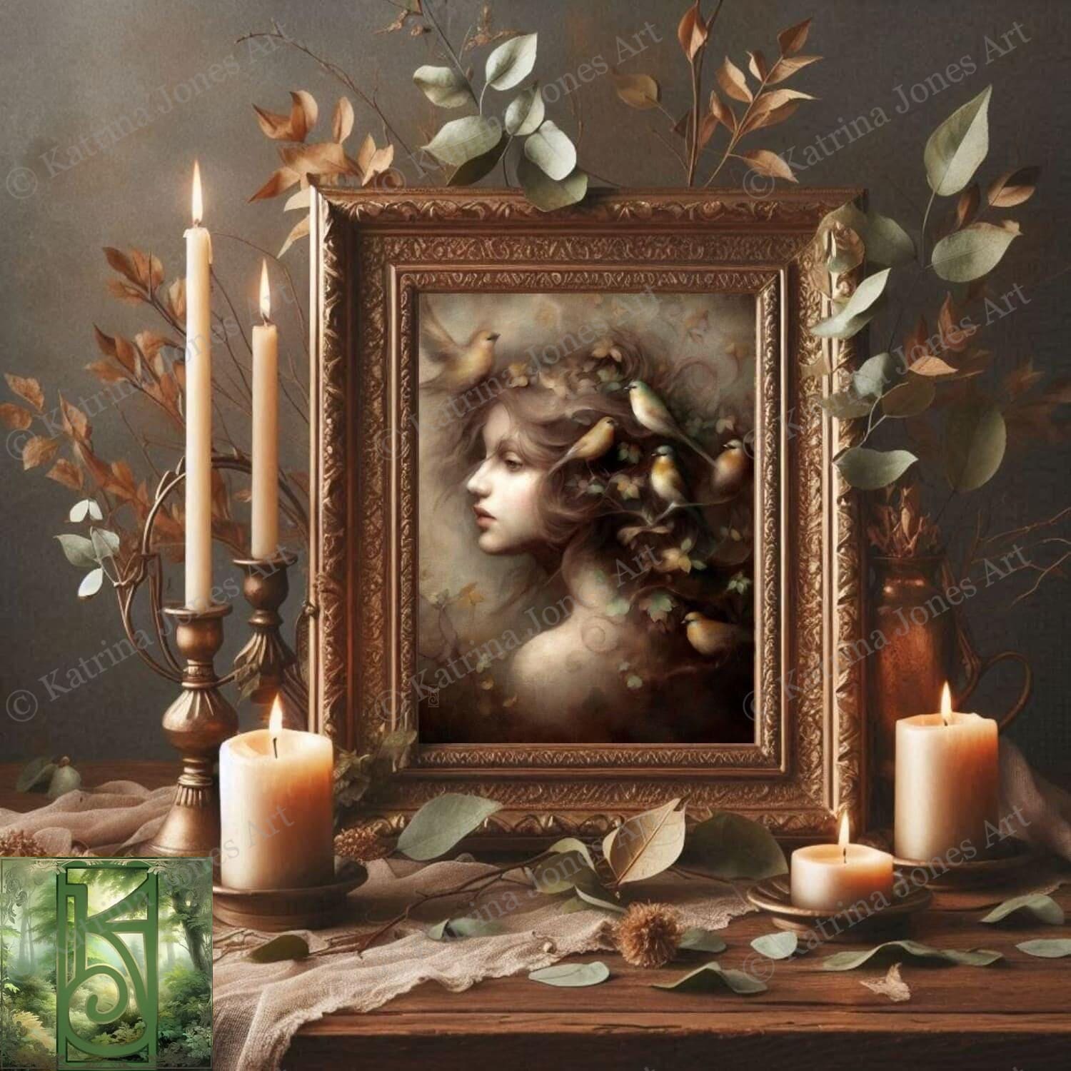 a painting of a woman surrounded by candles