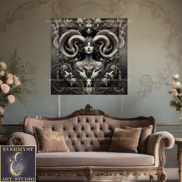 Goddess Art Print Nouveau Painting Divine Feminine Horned Picture