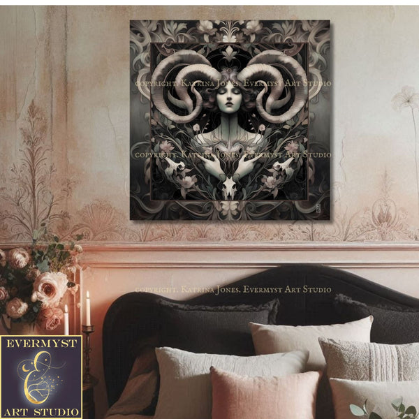 Goddess Art Print Nouveau Painting Divine Feminine Horned Picture