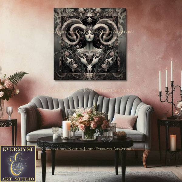 Goddess Art Print Nouveau Painting Divine Feminine Horned Picture