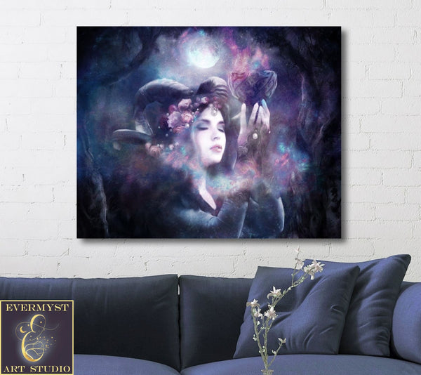 Horned Goddess Canvas Art Witch Gothic Wicca Pagan Print Dark Mythical Creature Fantasy