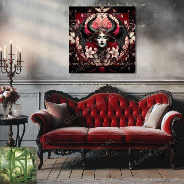 a red couch sitting in a living room next to a table