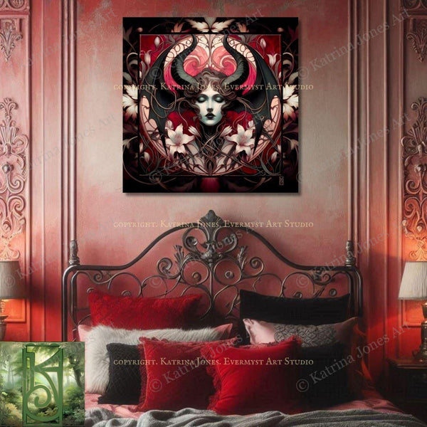 a painting of a woman&#39;s face on a wall above a bed