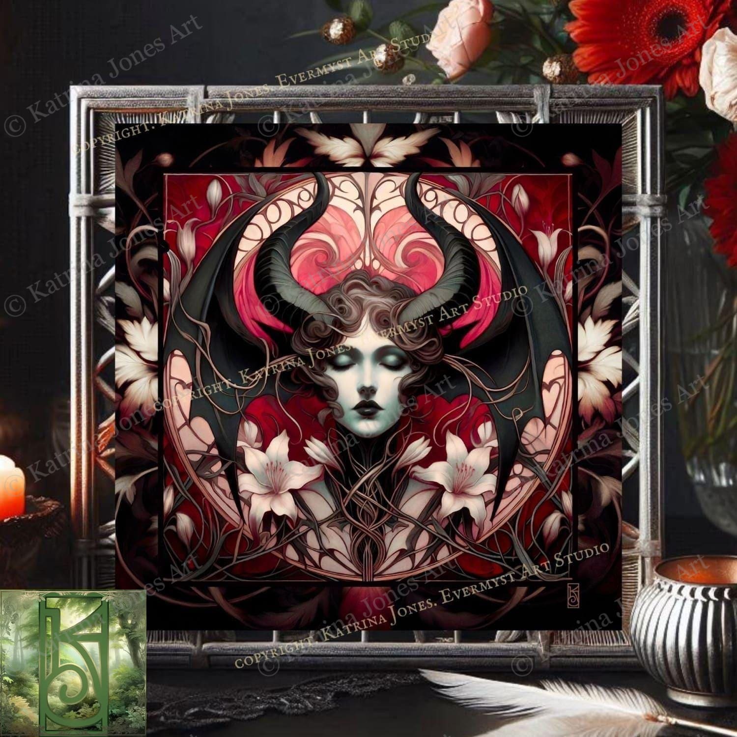 a painting of a woman with horns and flowers