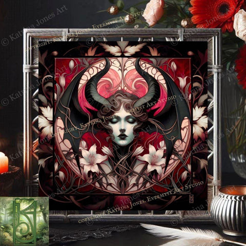 a painting of a woman with horns and flowers