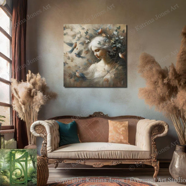 a living room with a couch and a painting on the wall