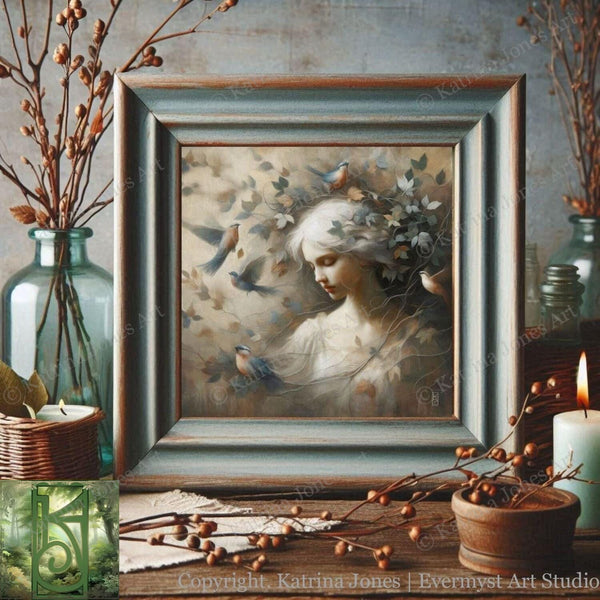 a painting of a woman surrounded by birds