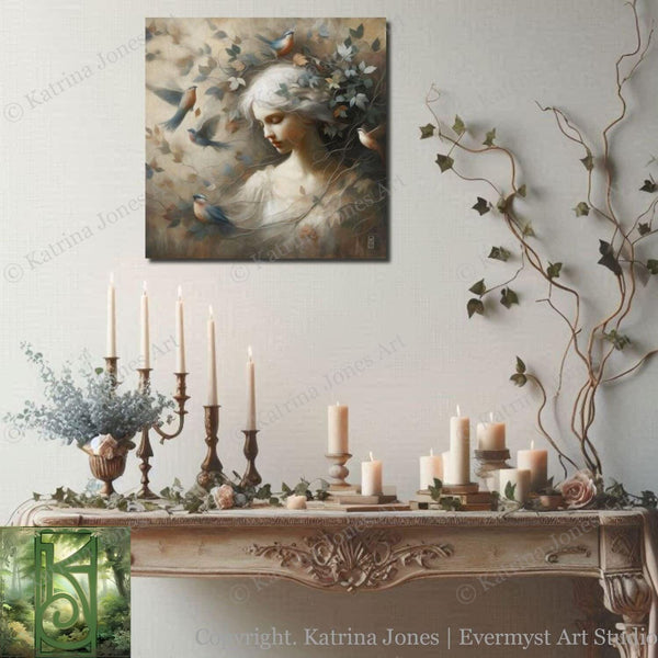 a painting of a woman surrounded by candles