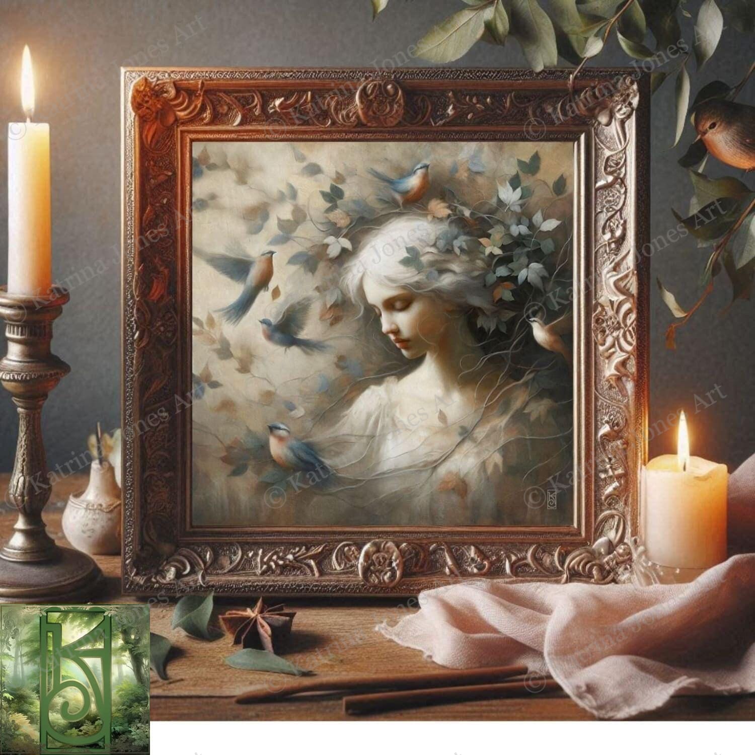 a painting of a woman surrounded by birds