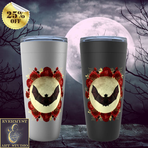 Gothic Bat And Roses Travel Tumbler Mug - Flowers Dark Macabre Vibe Gift