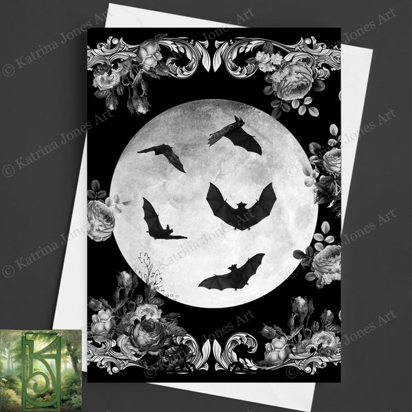 Gothic Bats Halloween Card Samhain Witchy Dark Pretty Blank Notecard