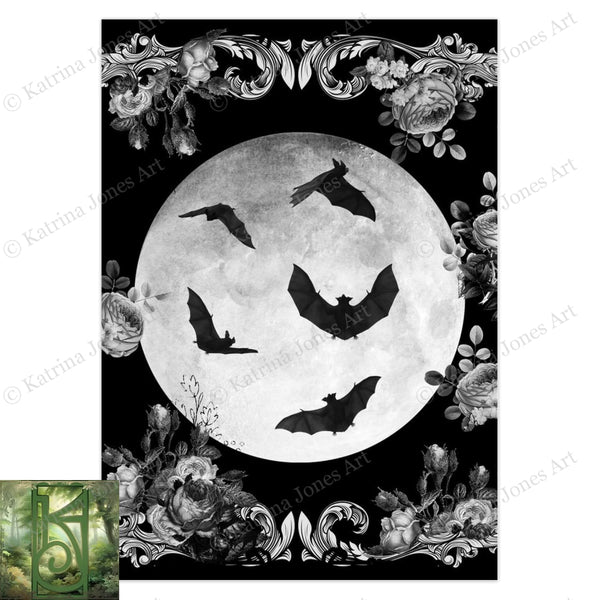 Gothic Bats Halloween Card Samhain Witchy Dark Pretty Blank Notecard 10 Cards