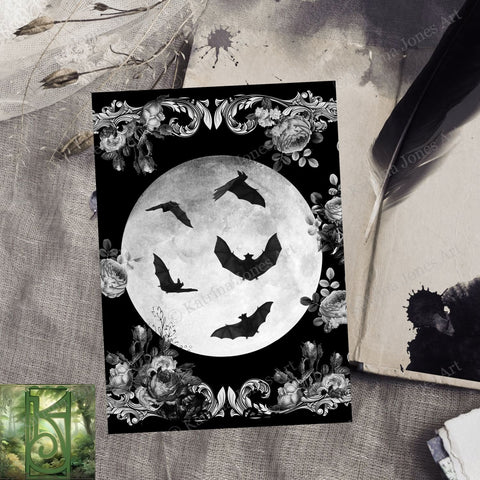 Gothic Bats Halloween Card Samhain Witchy Dark Pretty Blank Notecard