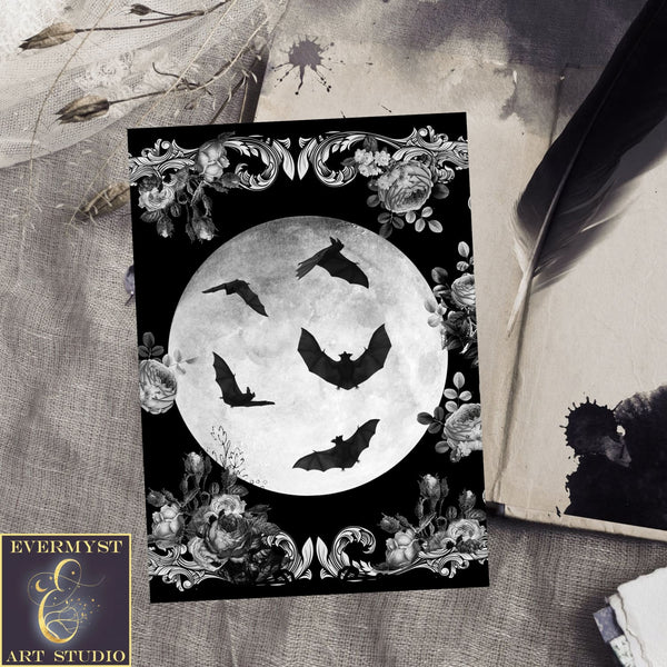 Gothic Bats Halloween Card Samhain Witchy Dark Pretty Blank Notecard