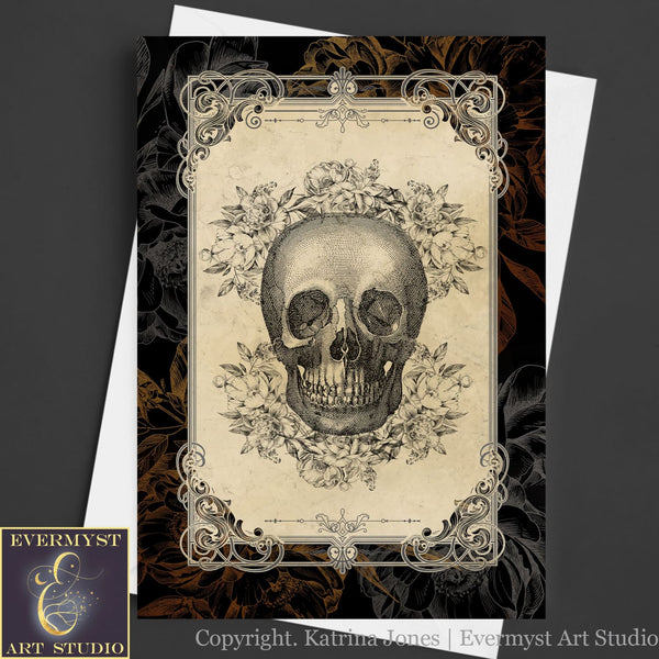 Gothic Floral Skull Greeting Card Vintage Samhain Halloween Macabre Blank Notecard