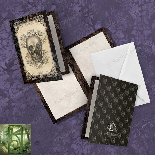 Gothic Floral Skull Greeting Card Vintage Samhain Halloween Macabre Blank Notecard