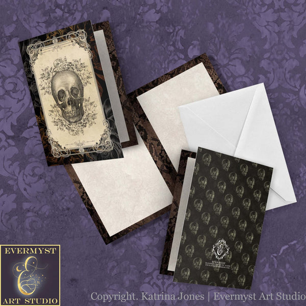 Gothic Floral Skull Greeting Card Vintage Samhain Halloween Macabre Blank Notecard