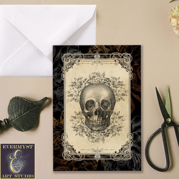 Gothic Floral Skull Greeting Card Vintage Samhain Halloween Macabre Blank Notecard