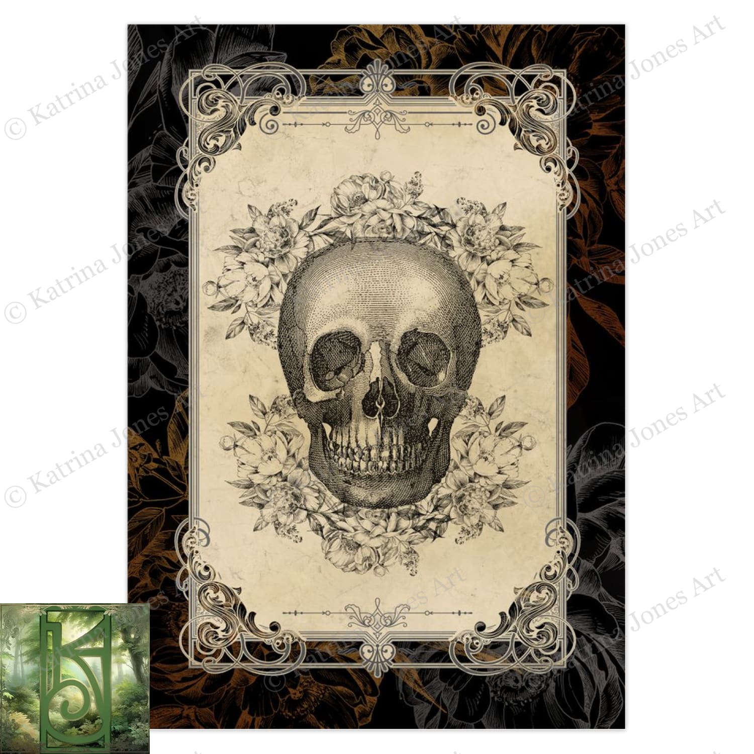 Gothic Floral Skull Greeting Card Vintage Samhain Halloween Macabre Blank Notecard 10 Cards