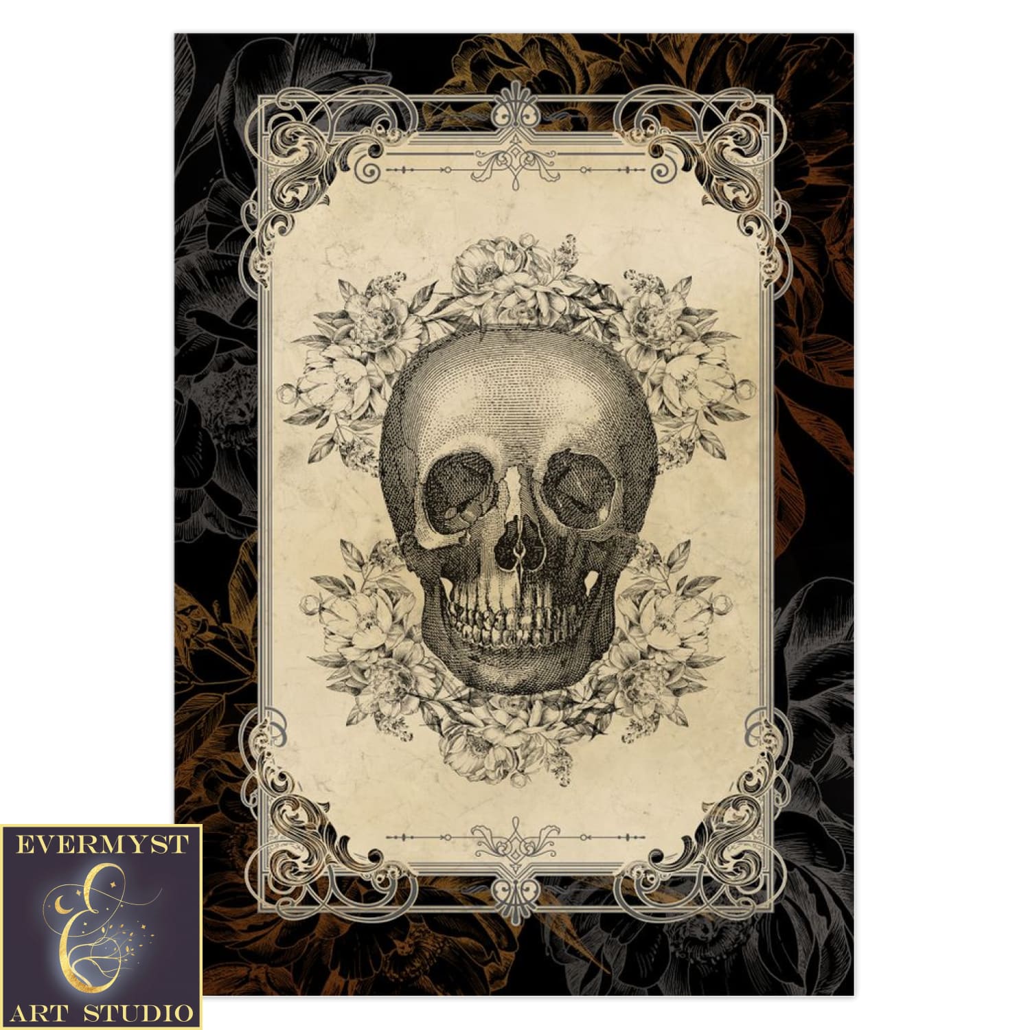 Gothic Floral Skull Greeting Card Vintage Samhain Halloween Macabre Blank Notecard 10 Cards