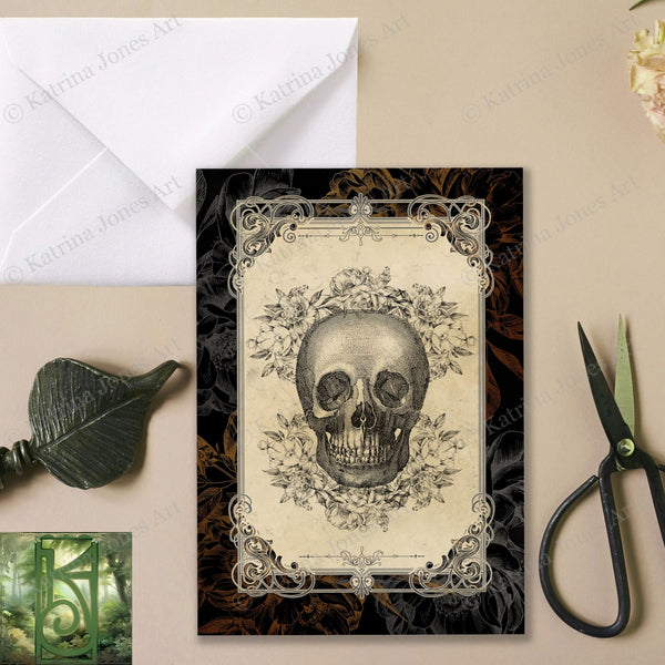 Gothic Floral Skull Greeting Card Vintage Samhain Halloween Macabre Blank Notecard