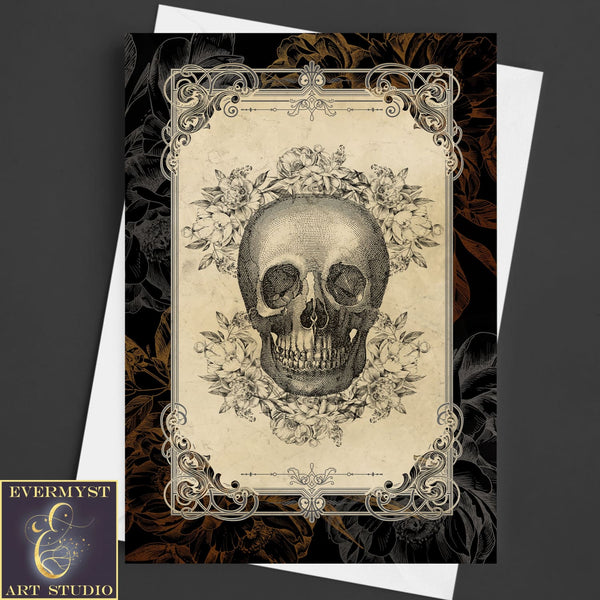 Gothic Floral Skull Greeting Card Vintage Samhain Halloween Macabre Blank Notecard