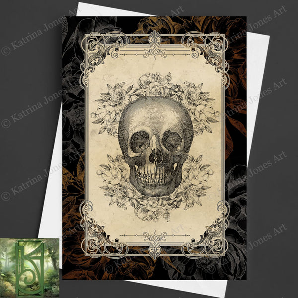 Gothic Floral Skull Greeting Card Vintage Samhain Halloween Macabre Blank Notecard