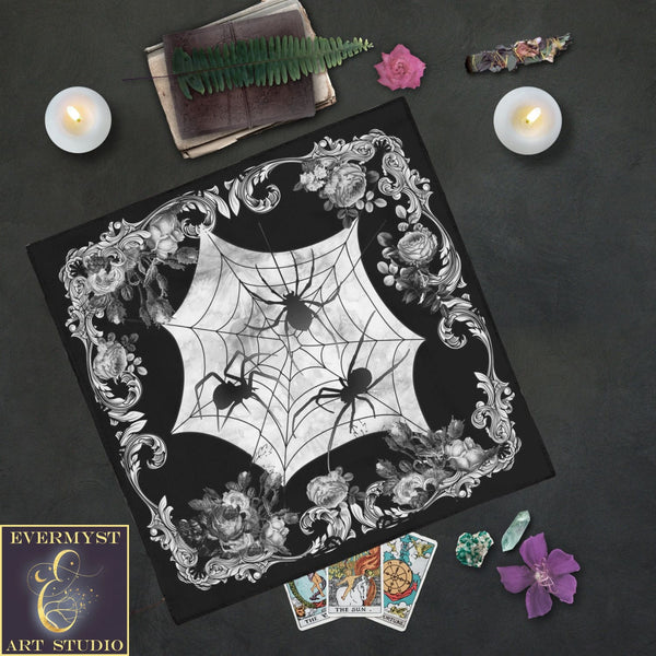 Gothic Flowers Tarot And Altar Cloth With Spiders - Halloween Decor Square