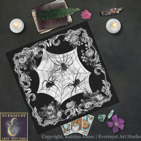 Gothic Flowers Tarot And Altar Cloth With Spiders - Halloween Decor Square