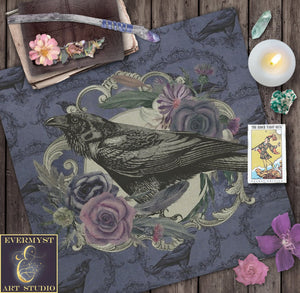 Gothic Raven Altar Cloth - Tarot Reading Mat With Witchy Black Bird Decor 24X24 Inch Crepe Square