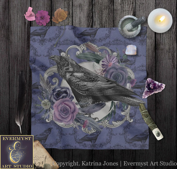 Gothic Raven Altar Cloth - Tarot Reading Mat With Witchy Black Bird Decor Square