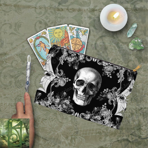 Gothic Glam Skull Accessory Pouches Vintage Design Witch Wicca Pagan Decor Zippered Tarot Bag Pouch