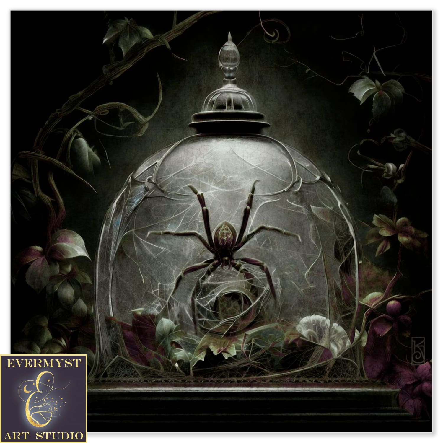 Gothic Spider Wall Art - Spiderweb Cloche Oddities Picture Moody Aesthetic Botanical Antique Oil