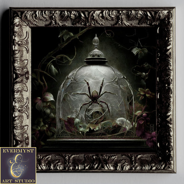 Gothic Spider Wall Art - Spiderweb Cloche Oddities Picture Moody Aesthetic Botanical Antique Oil