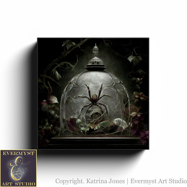 Gothic Spider Wall Art - Spiderweb Cloche Oddities Picture Moody Aesthetic Botanical Antique Oil