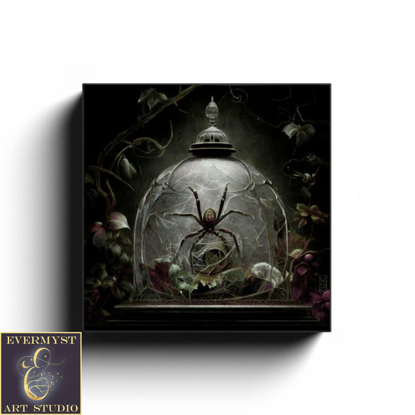 Gothic Spider Wall Art - Spiderweb Cloche Oddities Picture Moody Aesthetic Botanical Antique Oil