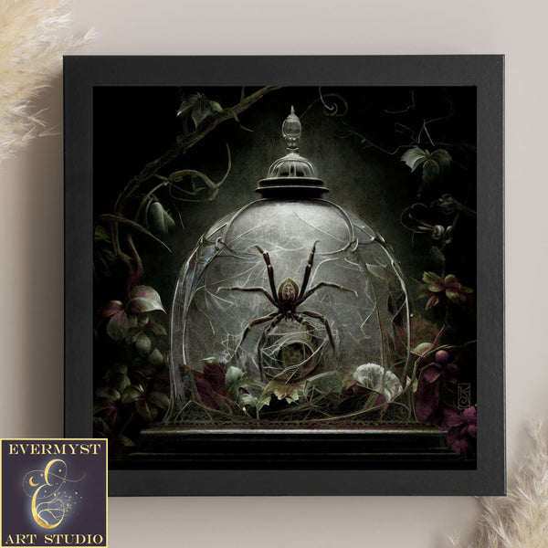 Gothic Spider Wall Art - Spiderweb Cloche Oddities Picture Moody Aesthetic Botanical Antique Oil