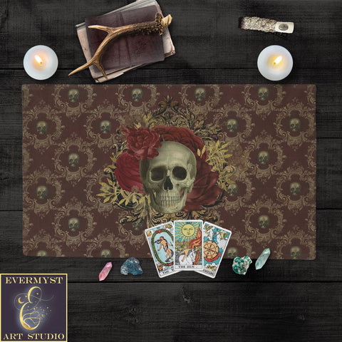 Gothic Tarot Reading Mat - Vintage Skull Altar Cloth Rec