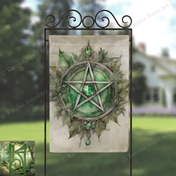a green pentagramil with leaves and a pentagramil on it