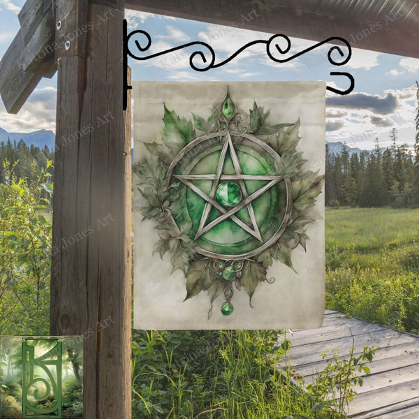 a picture of a green pentagramil hanging from a wooden fence
