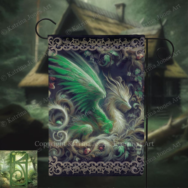 a detailed and intricate dragon design, with its wings spread wide and its head turned to the side. The dragon is surrounded by a lush, green forest, creating a sense of depth and scale. The background is blurred, drawing attention to the dragon and its surroundings. The image is a close-up of the dragon, showcasing its intricate features and vibrant colors.