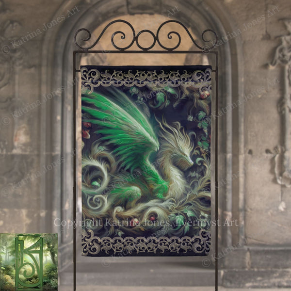 a large, ornate banner with a detailed, fantastical dragon design on it. The dragon appears to be green and has a flowing, winged appearance. The banner is displayed in front of a stone archway, creating an interesting contrast between the natural and man-made elements.