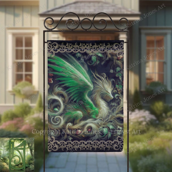 a large, ornate banner with a dragon design, displayed in front of a building with a garden.