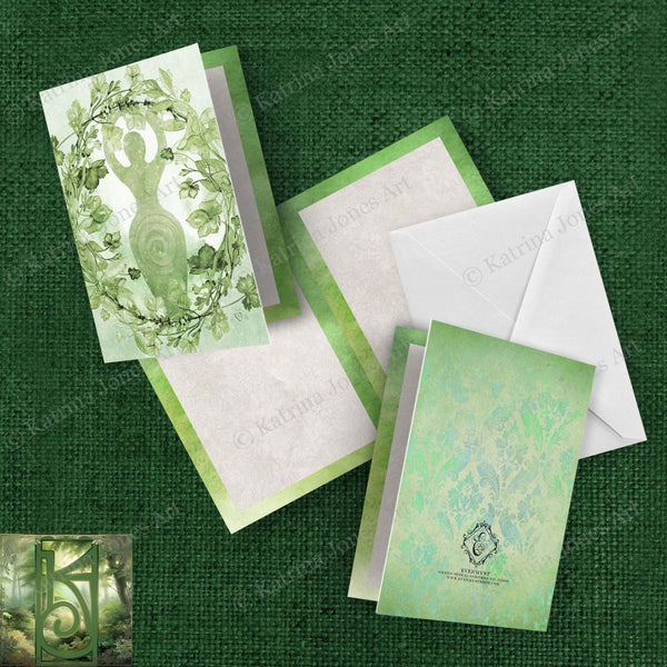 Green Goddess Greeting Card Divine Feminine Witch Wicca Pagan Spiral Blank Notecards