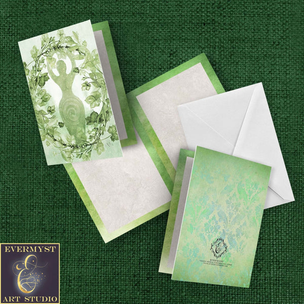 Green Goddess Greeting Card Divine Feminine Witch Wicca Pagan Spiral Blank Notecards