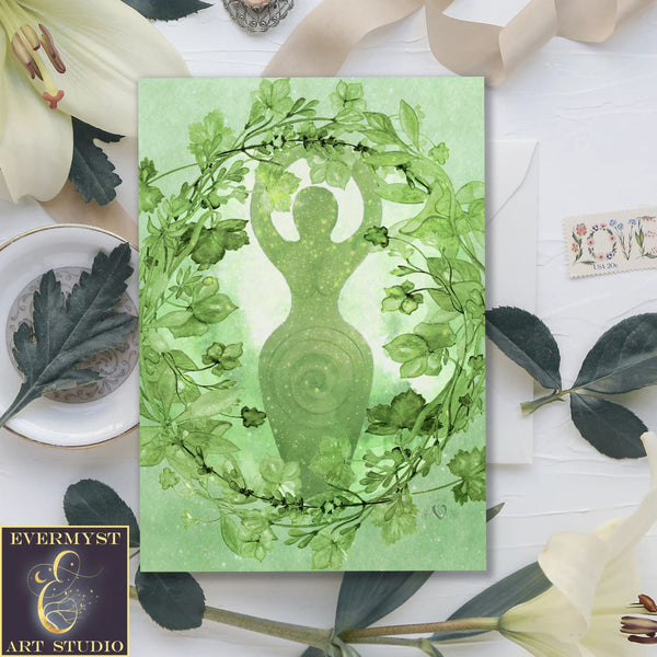 Green Goddess Greeting Card Divine Feminine Witch Wicca Pagan Spiral Blank Notecards