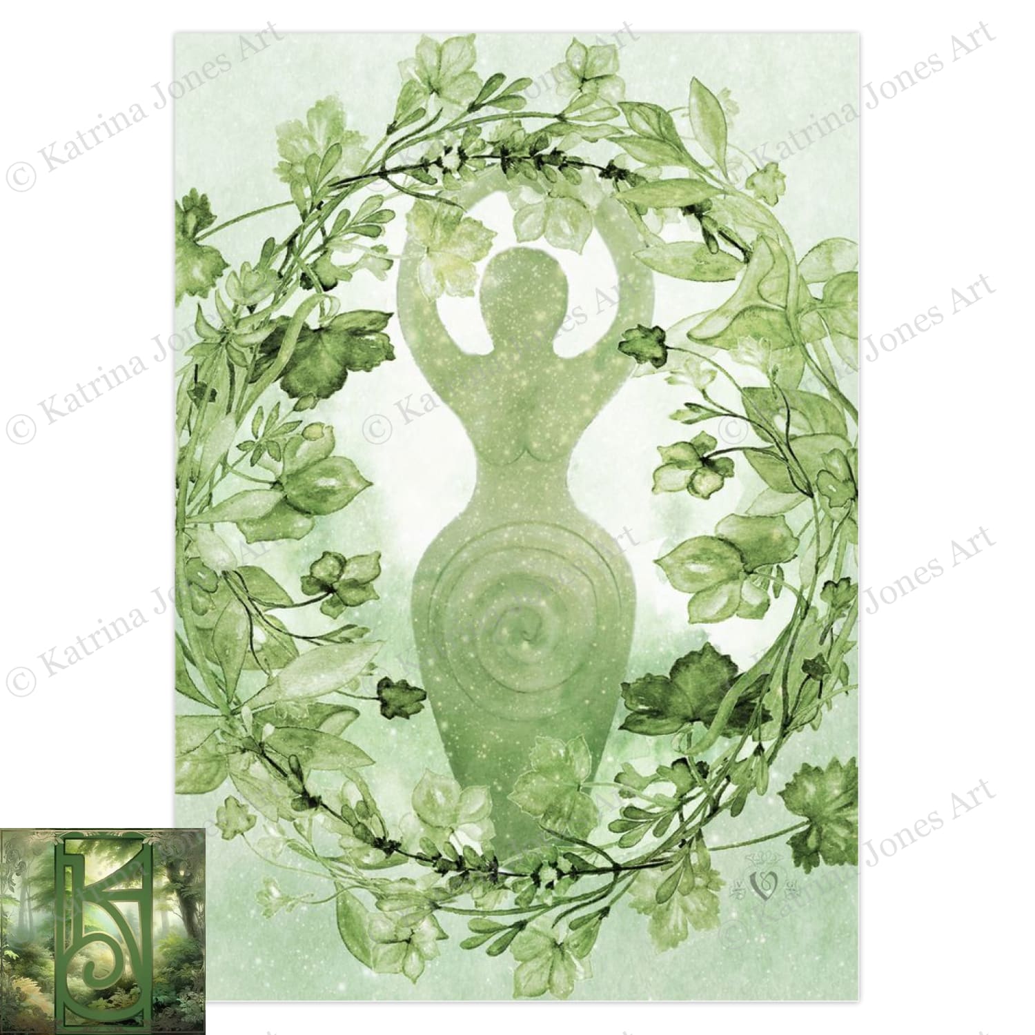 Green Goddess Greeting Card Divine Feminine Witch Wicca Pagan Spiral Blank Notecards 10 Cards