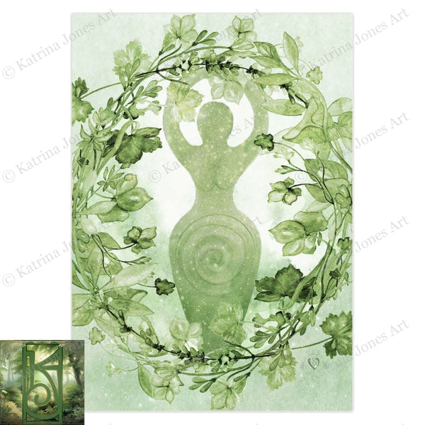 Green Goddess Greeting Card Divine Feminine Witch Wicca Pagan Spiral Blank Notecards 10 Cards