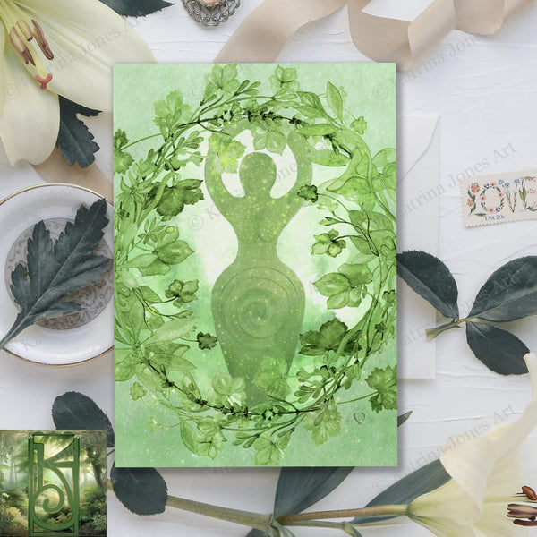 Green Goddess Greeting Card Divine Feminine Witch Wicca Pagan Spiral Blank Notecards
